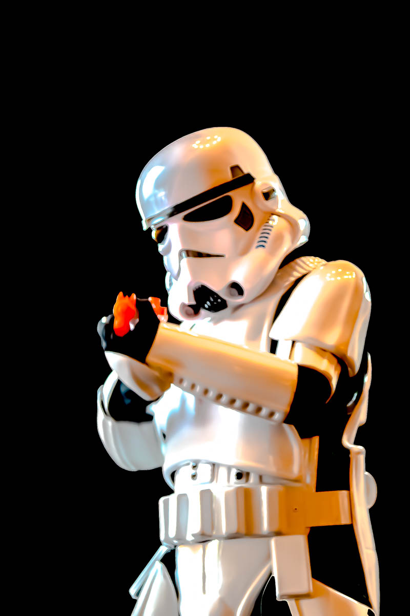 First Order Stormtrooper in action pose — blaster ready